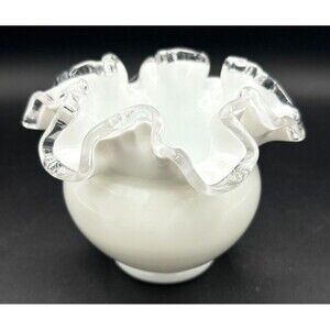 Fenton Opaque White Milk Glass Bowl Vase Small Ruffled Silver Crest‎ Clear Edged